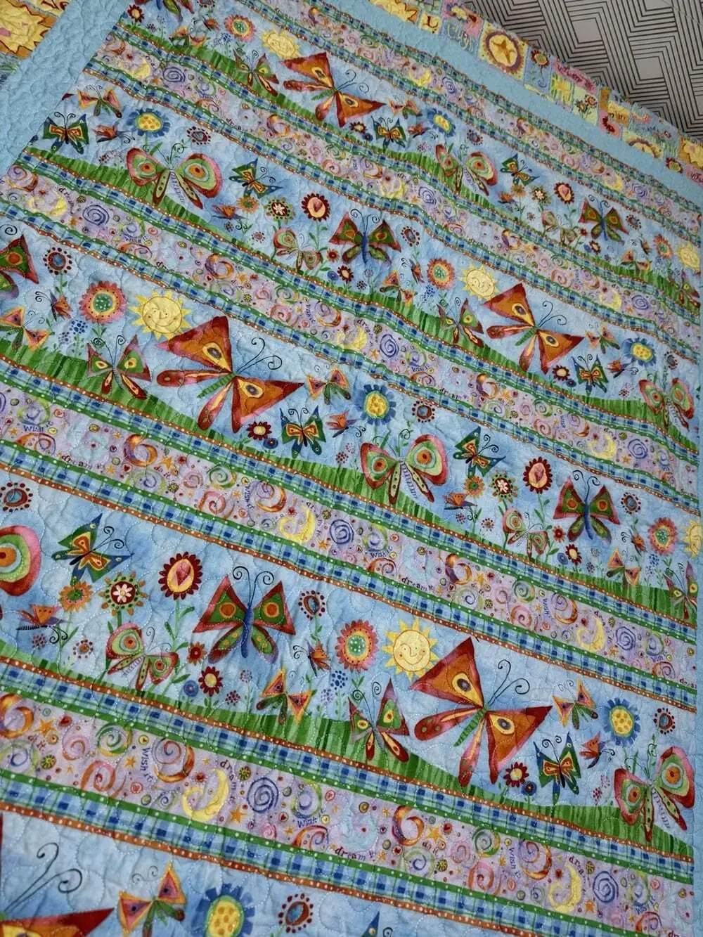 Handmade Baby/Toddler Quilt.  50”x39” Butterflies, Sunshine, multi-color